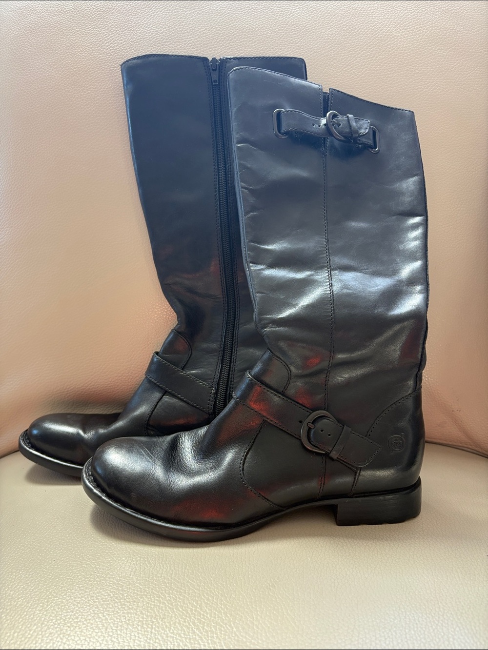 Born Black Leather Mid-Calf Buckle Heeled Boots